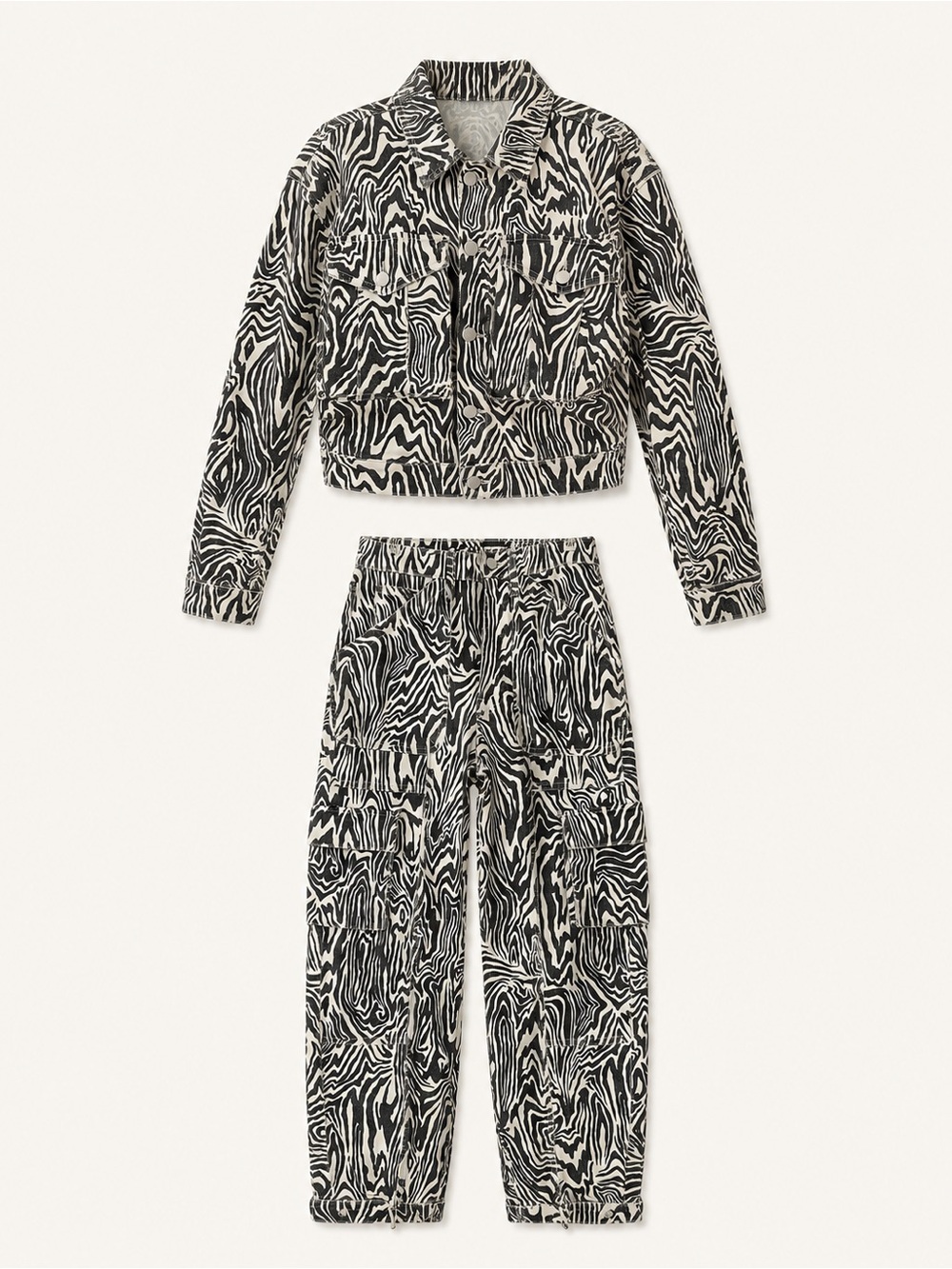 MOTHER Zebra Print Denim Set — Cropped Jacket Small + Cargo Jeans 27